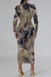 Black Gray Casual Street Geometric Print Contrast O Neck Printed Dresses