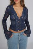 Blue Sexy Solid Color Lace Patchwork V Neck Tops