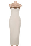 White Sexy Solid Color Lace Patchwork Slit Spaghetti Strap Sling Dresses