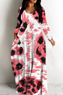 Watermelon Red Casual Print Basic V Neck Long Dresses
