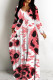 Watermelon Red Casual Print Basic V Neck Long Dresses
