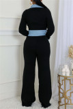 Brown Casual Patchwork Contrast Turndown Collar Long Sleeve Two Pieces