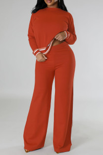 Red Casual Stripe Patchwork Contrast O Neck Long Sleeve Two Pieces