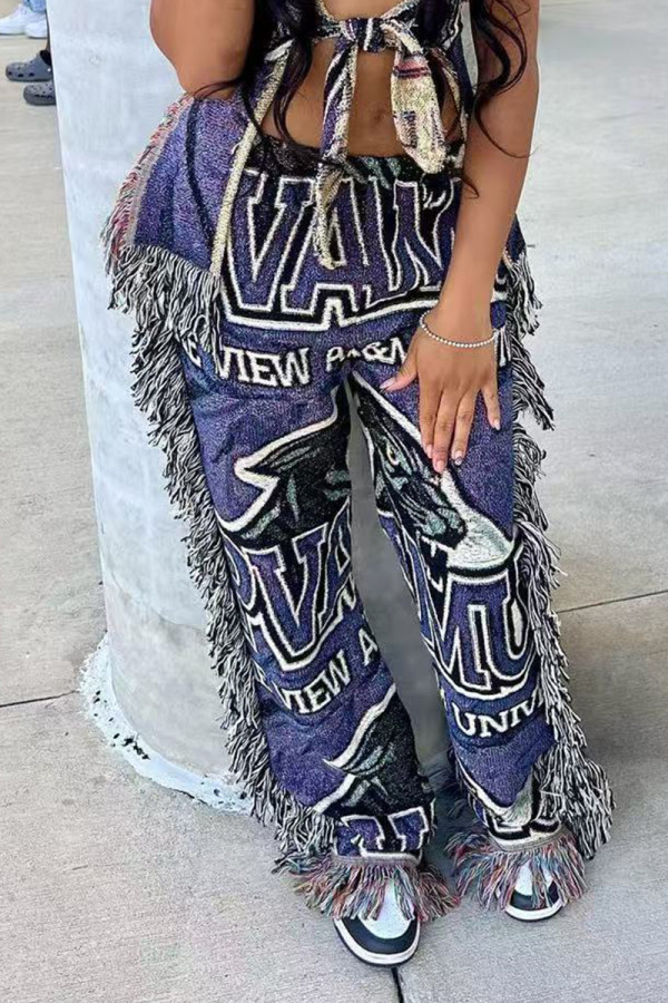 Blue Casual Print Fringed Trim Patchwork Regular Mid Waist Conventional Patchwork Bottoms