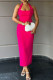 Deep Pink Elegant Solid Color Patchwork Backless Slit Halter Long Dresses