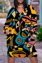 Multicolor Casual Street Colorblock Geometric Print Pocket Contrast V Neck Printed Plus Size Dresses