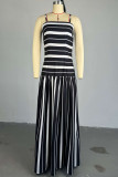 Black And White Elegant Stripe Patchwork Backless Spaghetti Strap Sling Dresses