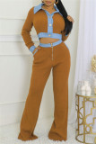 Brown Casual Patchwork Contrast Turndown Collar Long Sleeve Two Pieces