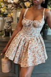 White Sexy Print Patchwork Backless Spaghetti Strap Sling Dresses
