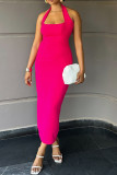 Deep Pink Elegant Solid Color Patchwork Backless Slit Halter Long Dresses