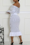 Red Casual Stripe Patchwork Zipper Off Shoulder Long Sleeve Two Pieces