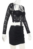 Black Sexy Solid Color Hollow Out Patchwork Square Neck Long Sleeve Two Pieces