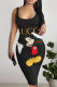 Black Casual Street Cartoon Print Letters Contrast U Neck Printed Dresses