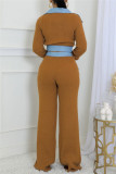 Brown Casual Patchwork Contrast Turndown Collar Long Sleeve Two Pieces