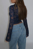 Blue Sexy Solid Color Lace Patchwork V Neck Tops
