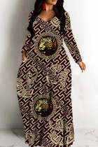 Dark Brown Casual Print Basic V Neck Long Dresses