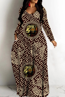 Dark Brown Casual Print Basic V Neck Long Dresses