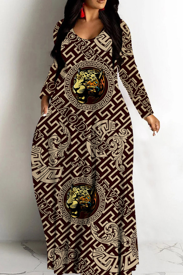 Dark Brown Casual Print Basic V Neck Long Dresses