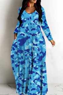 Blue Casual Print Basic V Neck Long Dresses