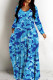 Blue Casual Print Basic V Neck Long Dresses