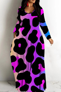 Purple Casual Print Basic V Neck Long Dresses