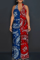 Red Blue Casual Print Patchwork Backless Halter Loose Jumpsuits