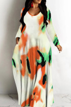 Orange Green Casual Print Basic V Neck Long Dresses