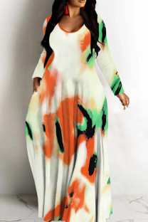 Orange Green Casual Print Basic V Neck Long Dresses