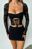 Black Sexy Solid Color Hollow Out Patchwork Square Neck Long Sleeve Two Pieces