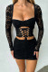 Black Sexy Solid Color Hollow Out Patchwork Square Neck Long Sleeve Two Pieces