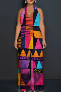 Colour Casual Print Patchwork Backless Halter Loose Jumpsuits