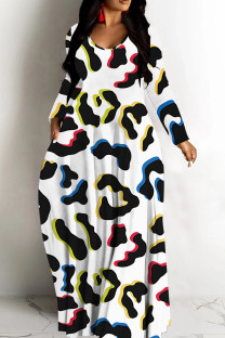 White Casual Print Basic V Neck Long Dresses