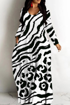 Black And White Casual Print Basic V Neck Long Dresses