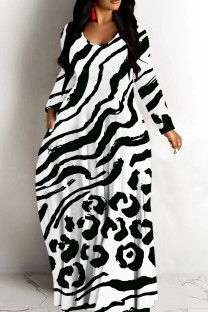 Black And White Casual Print Basic V Neck Long Dresses