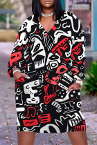 Black Red Casual Street Colorblock Geometric Print Pocket Contrast V Neck Printed Plus Size Dresses