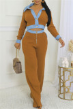 Brown Casual Patchwork Contrast Turndown Collar Long Sleeve Two Pieces