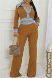 Brown Casual Patchwork Contrast Turndown Collar Long Sleeve Two Pieces