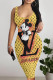 Golden Yellow Sexy Street Tie Dye Letter Print Contrast U Neck Printed Dresses