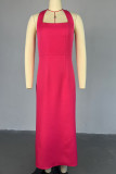 Deep Pink Elegant Solid Color Patchwork Backless Slit Halter Long Dresses