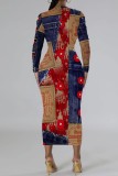 Red Casual Print Patchwork Long Sleeve Dresses