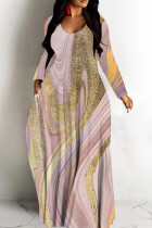 Pink Gold Casual Print Basic V Neck Long Dresses