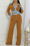 Brown Casual Patchwork Contrast Turndown Collar Long Sleeve Two Pieces