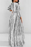 Stripe Elegant Striped Print Flowers Leopard Lace Up Contrast O Neck Printed Dresses