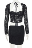 Black Sexy Solid Color Hollow Out Patchwork Square Neck Long Sleeve Two Pieces