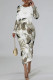 White Casual Street Geometric Print Contrast O Neck Printed Dresses