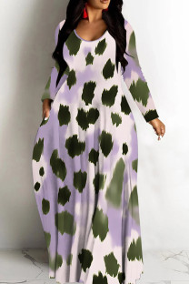 Pink Purple Casual Print Basic V Neck Long Dresses
