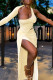 Apricot Casual Solid Color Hollow Out Patchwork Slit Asymmetrical Collar Long Dresses