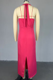 Deep Pink Elegant Solid Color Patchwork Backless Slit Halter Long Dresses