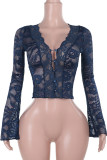 Blue Sexy Solid Color Lace Patchwork V Neck Tops