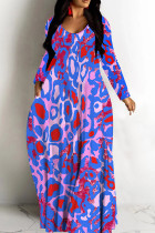Purple Casual Print Basic V Neck Long Dresses